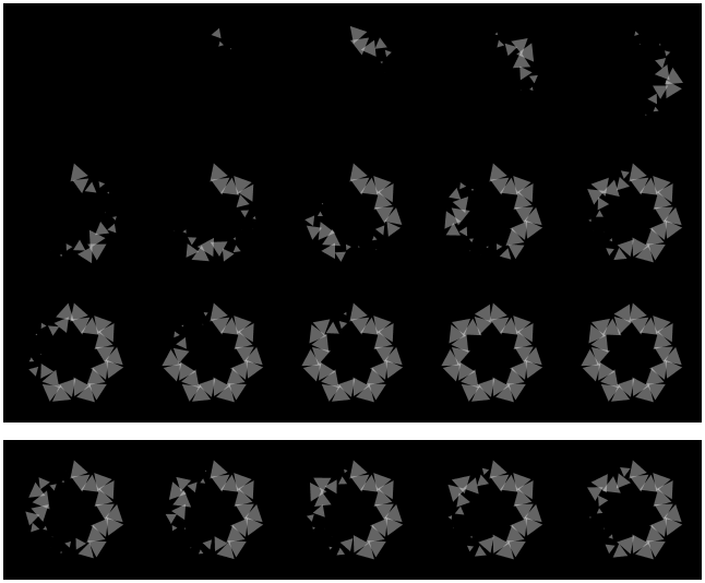 frames from an animation of twenty-eight triangles arranged to outline a seven pointed star, made with processing